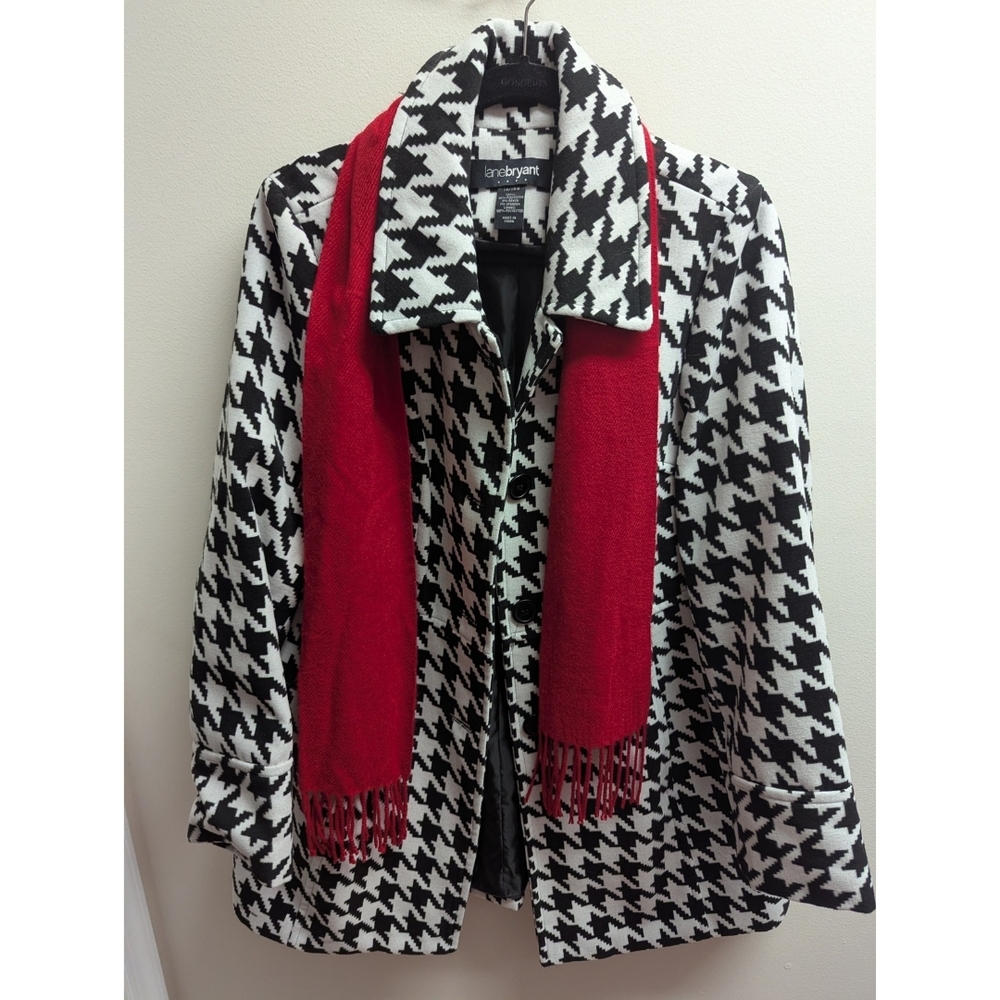 Lane Bryant Black and White Houndstooth Coat with Red Scarf